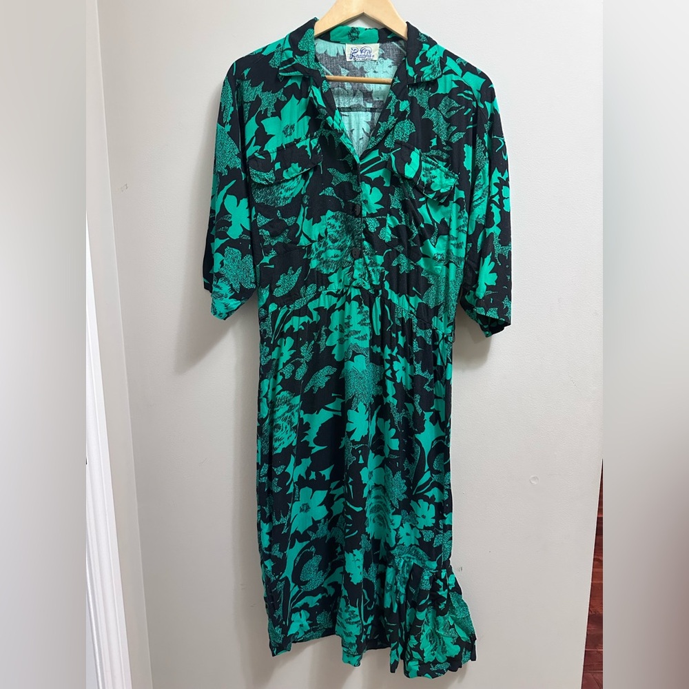 Vtg Panache Black and Green Floral Long Dress